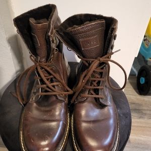 Hugo Boss mens 9.5 brown leather lace up lambskin fur boots